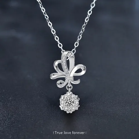 Collar de Plata de Ley 925 con Colgante de Ramo Moissanita para Mujer Diseño de Lazo Floral Estilo Coreano Joyería de Lujo Ligero