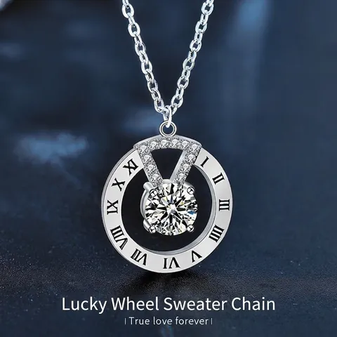 Collar con Colgante de Plata de Ley 925 y Moissanita Números Romanos Redondo Cadena para Suéter Giratoria Joyería para Mujer Regalo