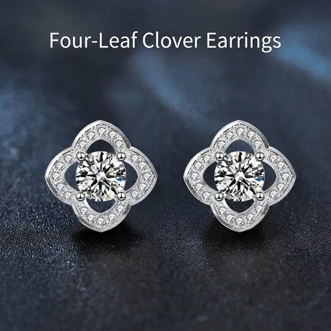 Pendientes de Botón de Trébol de Cuatro Hojas de Plata de Ley 925 para Mujer Con Moissanita de 0.5ct Joyas de Regalo de Flor Retro