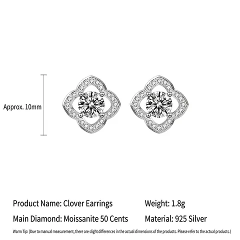 Pendientes de Botón de Trébol de Cuatro Hojas de Plata de Ley 925 para Mujer Con Moissanita de 0.5ct Joyas de Regalo de Flor Retro