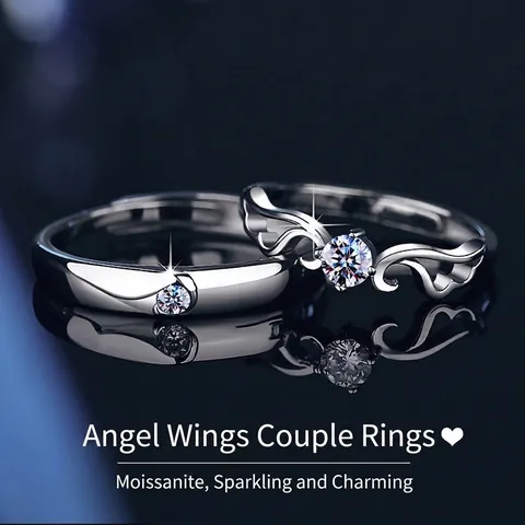Moissanite 925 Argento Sterling Ali d'Angelo Coppia Anelli Per Donna Uomo Anello Aperto Regolabile Matrimonio Gioielli Regalo