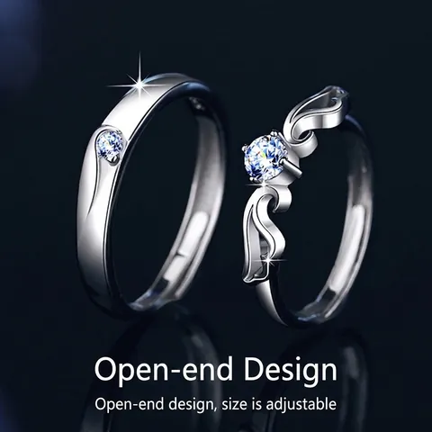 Moissanite 925 Argento Sterling Ali d'Angelo Coppia Anelli Per Donna Uomo Anello Aperto Regolabile Matrimonio Gioielli Regalo