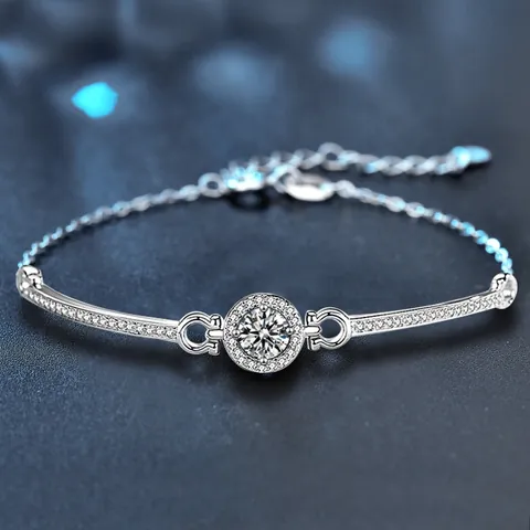 Pulsera de Moissanita en Plata de Ley 925 de Lujo Halo Redondo Cadena Ajustable Brazalete para Mujer Boda Joyería Regalo