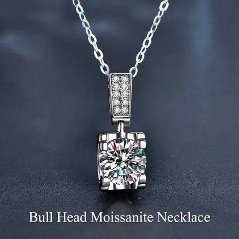 925 Sterling Silver Moissanite Necklace For Women Classic Four-Claw Bull Head Pendant Necklaces With D Color Moissanite Jewelry