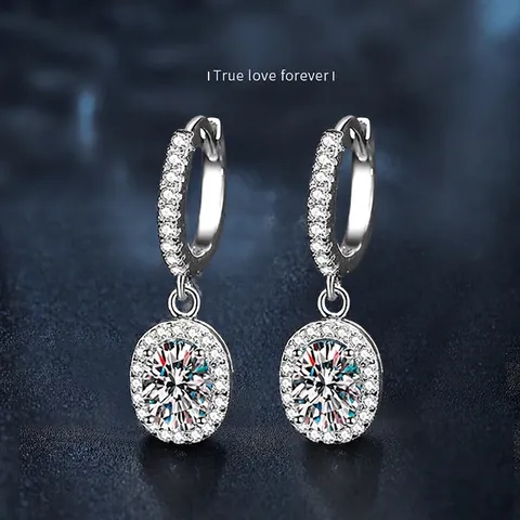 Pendientes de Gota de Halo Moissanita Ovalada de Plata de Ley 925 Lujosos Elegantes Color D VVS1 Joyería de Piedras Preciosas Regalo