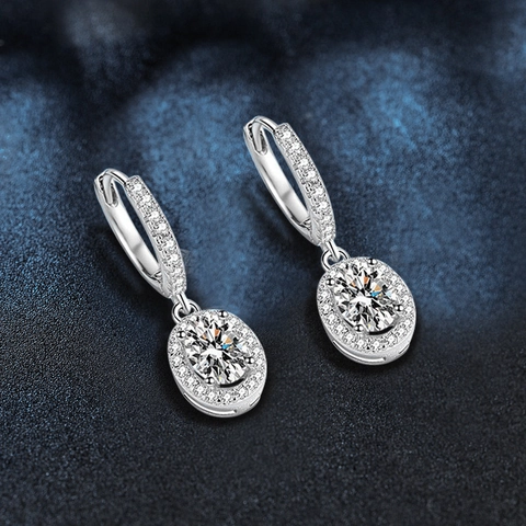 Pendientes de Gota de Halo Moissanita Ovalada de Plata de Ley 925 Lujosos Elegantes Color D VVS1 Joyería de Piedras Preciosas Regalo