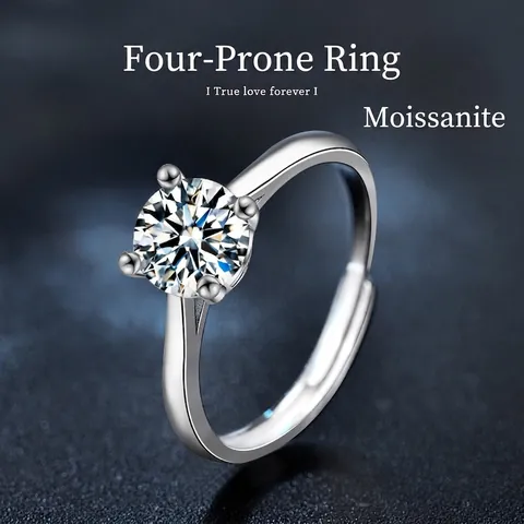 S925 Sterling Silver 1 Carat Moissanite Ring For Women Round Cut Four Claw Minimalist Adjustable Ring With GRA Certificate