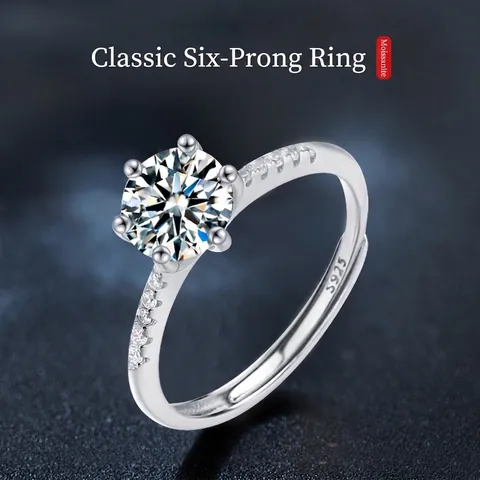 Moissanite Ring 925 Sterling Silver Classic Six Prong Adjustable Crown Ring For Women Engagement Wedding Jewelry Gift