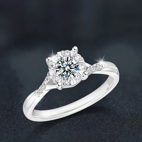 Anillo de Moissanita de Plata de Ley 925 para Mujer Anillo de Copo de Nieve Halo Retorcido Color D VVS1 Corte Redondo Joyería de Compromiso