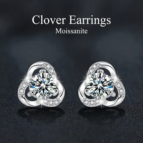 Luxury Clover Moissanite Stud Earrings With 925 Sterling Silver Earring Post D Color VVS1 Elegant Jewelry For Women