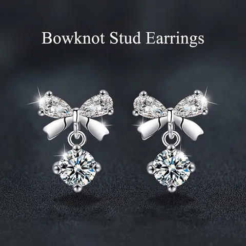 Pendientes de Botón de Lazo de Plata de Ley 925 con Moissanita Incrustada Joyería Brillante para Mujer Regalo Elegante
