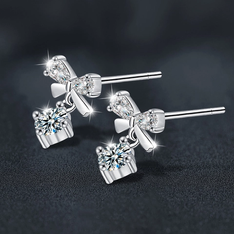 Pendientes de Botón de Lazo de Plata de Ley 925 con Moissanita Incrustada Joyería Brillante para Mujer Regalo Elegante