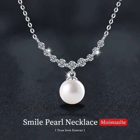 Collana Con Pendente a Sorriso in Argento Sterling 925 e Moissanite Con Perla Artificiale Elegante Catena a Croce Gioielli Donna