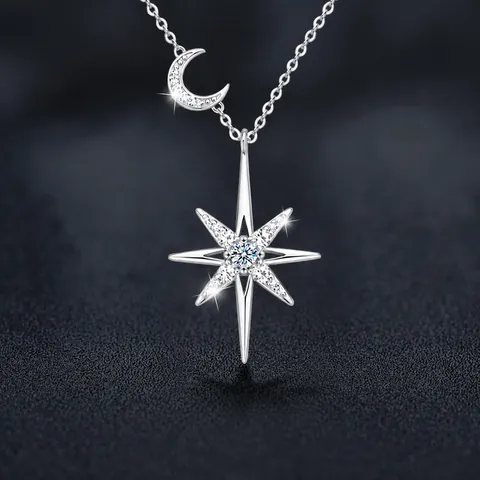 Collana Pendente Luna Stella in Argento Sterling S925 Moissanite per Donna Elegante Gioiello Stella Otto Punte Oro Argento