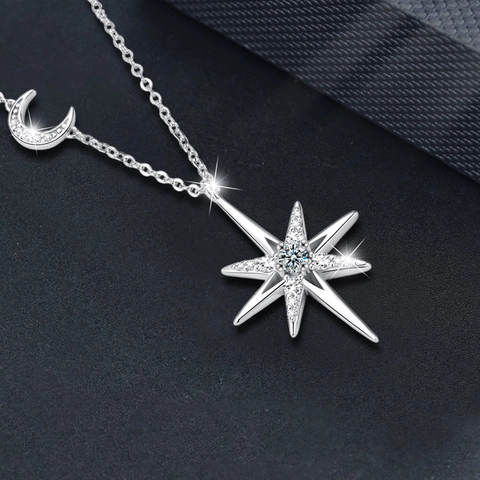Collana Pendente Luna Stella in Argento Sterling S925 Moissanite per Donna Elegante Gioiello Stella Otto Punte Oro Argento