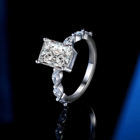 Anillo de Moissanita Corte Rectangular de Lujo Plata de Ley 925 Banda de Compromiso para Mujer Joyería de Moda