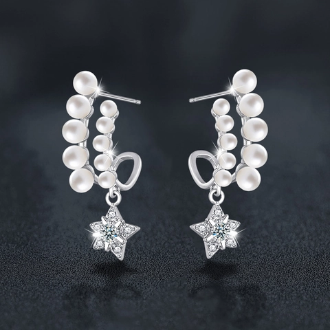 S925 Sterling Silver Star Moissanite Pearl Earrings For Women French Elegant Double Row Artificial Pearl Star Drop Earrings