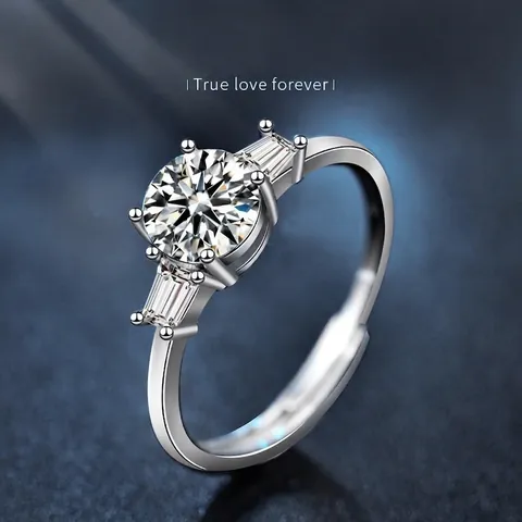 S925 Sterling Silver 1 Carat Moissanite Ring For Women Elegant Three Stone Baguette Adjustable Open Ring Wedding Jewelry