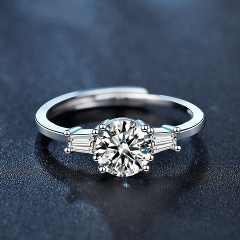S925 Sterling Silver 1 Carat Moissanite Ring For Women Elegant Three Stone Baguette Adjustable Open Ring Wedding Jewelry