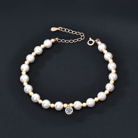 Elegant S925 Sterling Silver Bracelet With Moissanite And Artificial Pearl Round Bead Adjustable Chain For Women Jewelry Gift