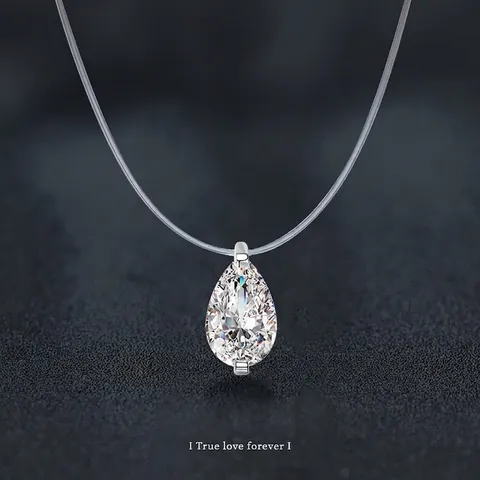 Collier Pendentif Goutte d'Eau Moissanite en Argent Sterling S925 Chaîne Invisible en Fil de Pêche Transparente pour Femme