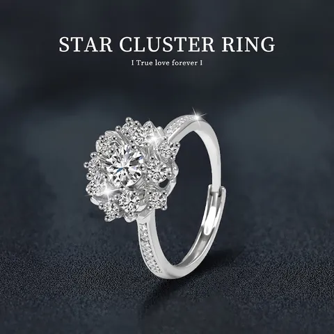 925 Sterling Silver Moissanite Flower Ring For Women Adjustable Opening 0.5ct D Color VVS1 Gemstone Jewelry Engagement Gift