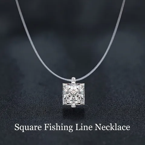 925 Sterling Silver Moissanite Necklace Princess Cut Square Pendant Invisible Transparent Fishing Line Floating Chain Jewelry