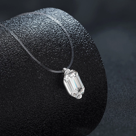 925 Sterling Silver Emerald Cut Moissanite Pendant Necklace For Women Invisible Transparent Fishing Line Clavicle Chain Jewelry