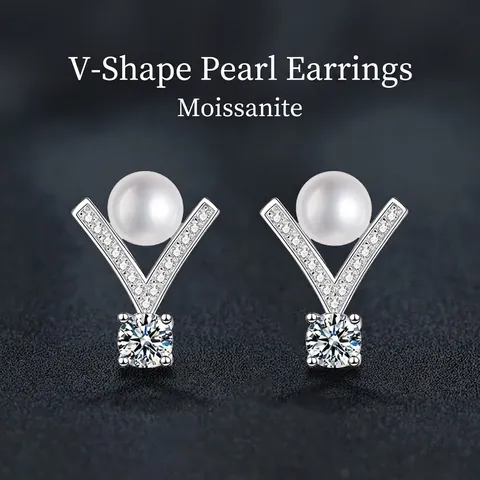 Luxury 925 Sterling Silver V-Shape Moissanite Freshwater Pearl Stud Earrings For Women Elegant Geometric Inlaid Jewelry Gift