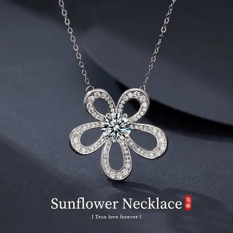 S925 Sterlingsilber Moissanit Sonnenblume Anhänger Halskette Für Damen Luxus Blumenform Pave Einlage Hoher Feuer Schmuck