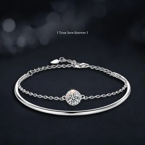 Pulsera de Plata de Ley S925 Con Moissanita Diseño en Capas Lujo Ligero Halo Redondo Strass Colgante de Corazón Joyería Mujer