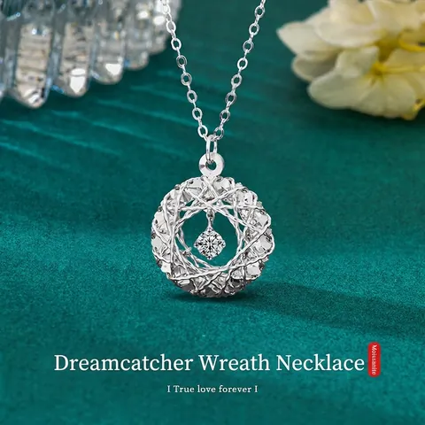 S925 Sterling Silver Dreamcatcher Garland Pendant Necklace With Round Moissanite Elegant Dainty Chain Jewelry For Women