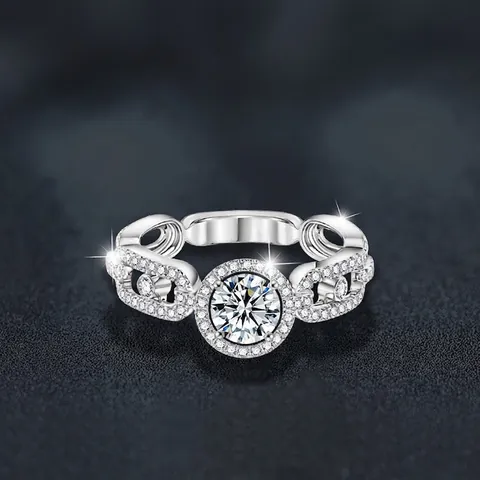 925 Sterling Zilveren Moissaniet Ring Voor Dames Ronde Halo Zetting Pave Schakelketting Band Lichte Luxe Sieraden Verlovingsring