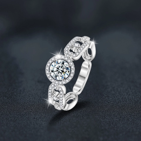 925 Sterling Zilveren Moissaniet Ring Voor Dames Ronde Halo Zetting Pave Schakelketting Band Lichte Luxe Sieraden Verlovingsring