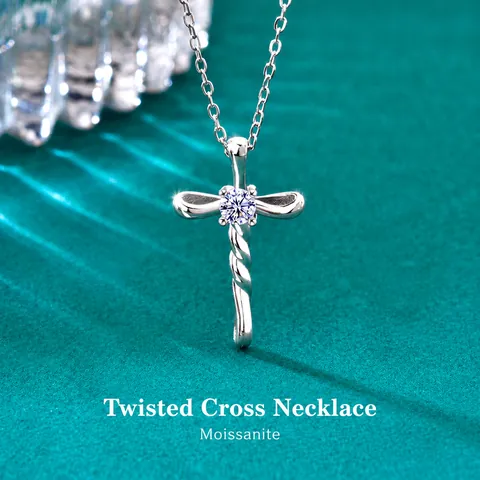 Luxury S925 Sterling Silver Cross Pendant Necklace For Women Moissanite Twisted Design Dainty Chain Jewelry Anniversary Gift