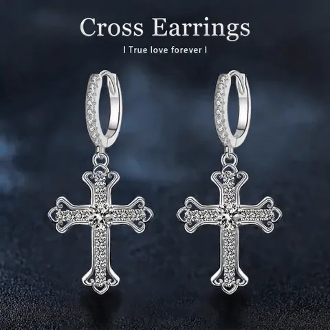 925 Sterlingsilber Moissanit Kreuz Hoop Dangle Ohrringe Für Damen Trendiger Eleganter Religiöser Schmuck Hochzeit Party Jubiläum