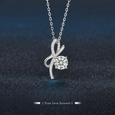 S925 Sterlingsilber Schleife Anhänger Halskette Mit Moissanit Rund Brilliant Schliff Strass Eleganter Schmuck Für Damen