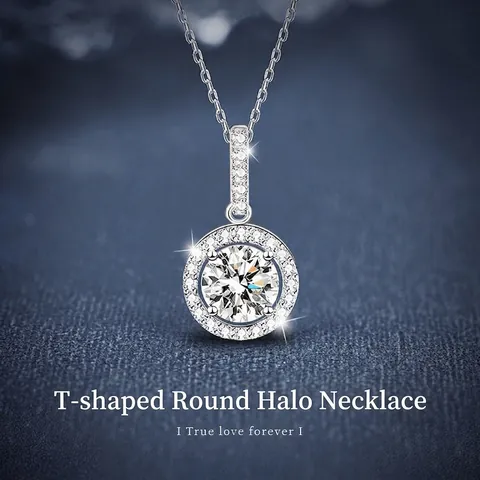 Luxury 925 Sterling Silver Moissanite Round Halo Pendant Necklace T-shaped Clavicle Chain For Women Wedding Party Jewelry