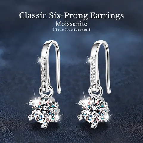 925 Sterling Silver Moissanite Earrings For Women 1 Carat Round Cut 6-Prong Classic Moissanite Drop Hook Earrings Fine Jewelry Gift