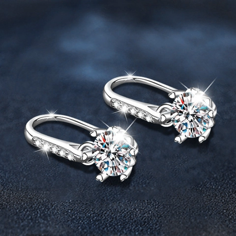 925 Sterling Silver Moissanite Earrings For Women 1 Carat Round Cut 6-Prong Classic Moissanite Drop Hook Earrings Fine Jewelry Gift