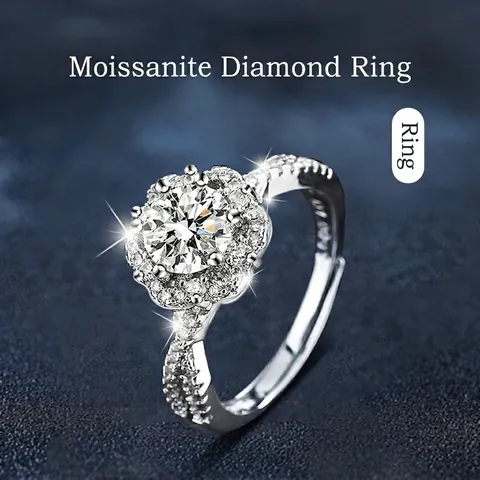 Anello Moissanite Argento Sterling 925 Regolabile Fiore Halo Fascia Intrecciata Gioielli Matrimonio Anniversario Donne