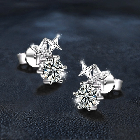 Pendientes de Botón de Estrella de Ocho Puntas de Plata de Ley 925 para Mujer Brillante Moissanita Pendientes Geométricos Pequeños de Lujo Ligero