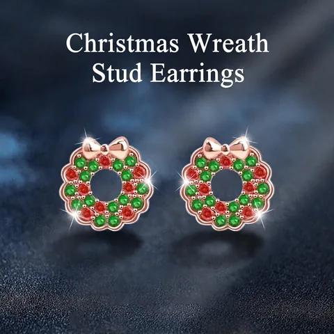 925 Sterlingsilber Weihnachtskranz Ohrstecker Für Damen Roségold Beschichtet Rot Grün Zirkonia Festlicher Schmuck