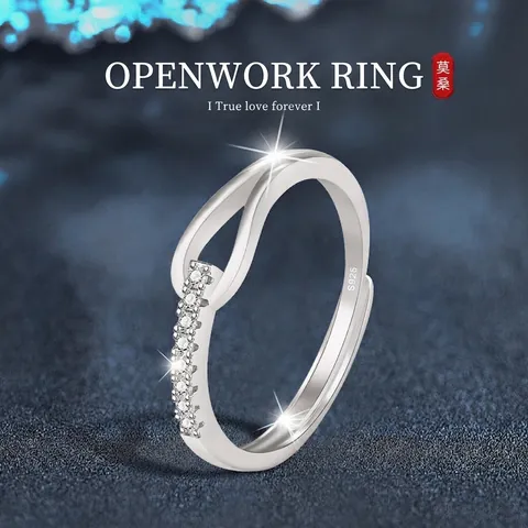 925 Sterling Silver Moissanite Ring For Women Hollow Design Row Diamond Adjustable Open Finger Ring Elegant Jewelry Gift