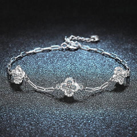 925 Sterling Silver Moissanite Four Leaf Clover Bracelet For Women Fashion Jewelry Elegant Paperclip Chain Bracelet Gift