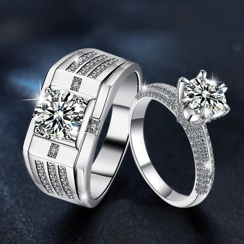 Luxury 925 Sterling Silver Moissanite Couple Rings Set Elegant Round Cut Engagement Wedding Finger Rings For Men Women Jewelry