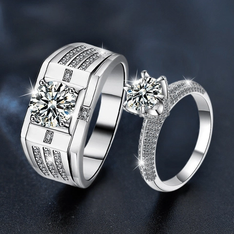 Luxury 925 Sterling Silver Moissanite Couple Rings Set Elegant Round Cut Engagement Wedding Finger Rings For Men Women Jewelry