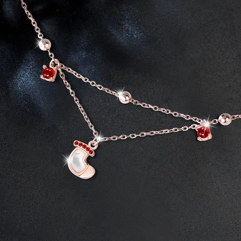 Pulsera de Navidad de Plata de Ley 925 para Mujer Oro Rosa Doble Cadena Moissanita Nácar Colgante Calcetín Joyería Regalo