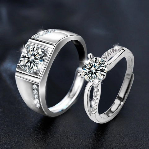 925 Sterling Silver Moissanite Couple Rings Set D Color VVS1 Adjustable Open Engagement Ring For Women Men Jewelry With GRA Certificate