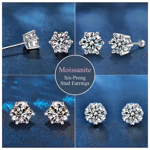 925 Sterling Silver Moissanite Stud Earrings Classic Six-Prong Round Cut Minimalist Sparkly D Color Moissanite Jewelry For Women